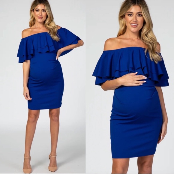 PinkBlush Cobalt Royal Blue Double Layer Ruffle Off Shoulder Maternity Dress - Picture 1 of 9